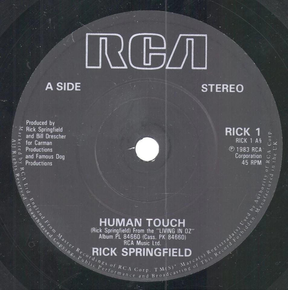 Rick Springfield Human Touch 7" vinyl UK Rca 1983 paper label design 7" in pic - Image 3 of 3