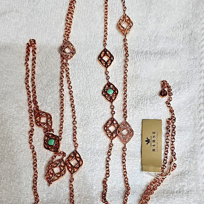 Barse Rose Gold Tone Station Chain Necklace 2 Green Turquoise Stones 31 In
