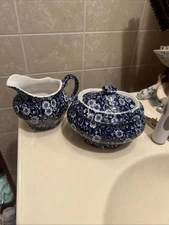 Crownford Staffordshire Cobalt Blue Calico Covered Sugar Bowl & Creamer