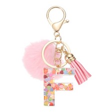 Alphabet Initial Letter F Keychain, Cute Tassel Fur Ball Pom Key Chain, Pink