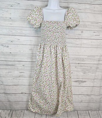 J Crew Womens Short Sleeve Smocked Dress In Meadow Floral Sz Medium Pink Green