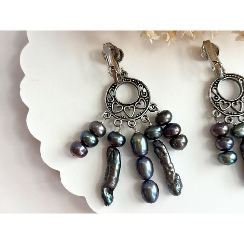 Natural Tahitian Pearl Heart Chandelier Vintage Silver T Clip On Style Earrings - Imagen 3 de 10