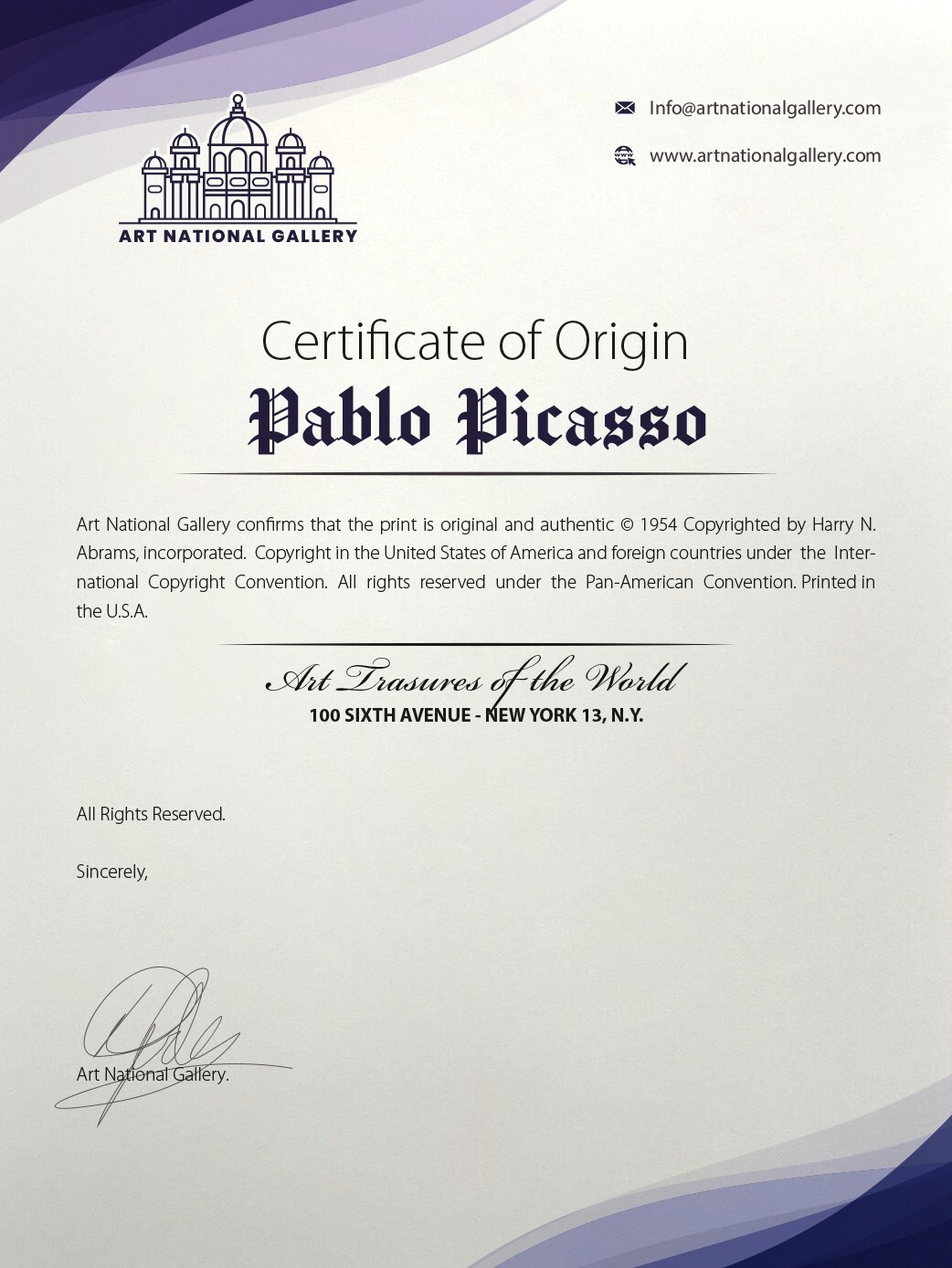 Pablo Picasso, Original Signed Print with COA and $3,500 Appraisal.