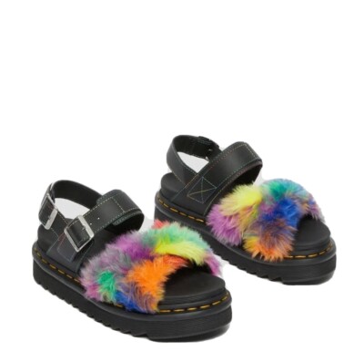 Dr Marten Voss 2 Fluffy Women Faux Fur Sandal Black Multicolor Fashion.Size US 6