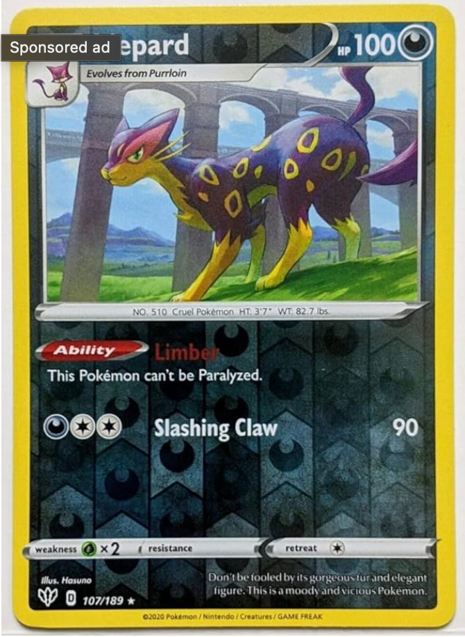 Pokemon -  Liepard - 107/189 - Reverse Holo - Darkness Ablaze - NM/M - NEW