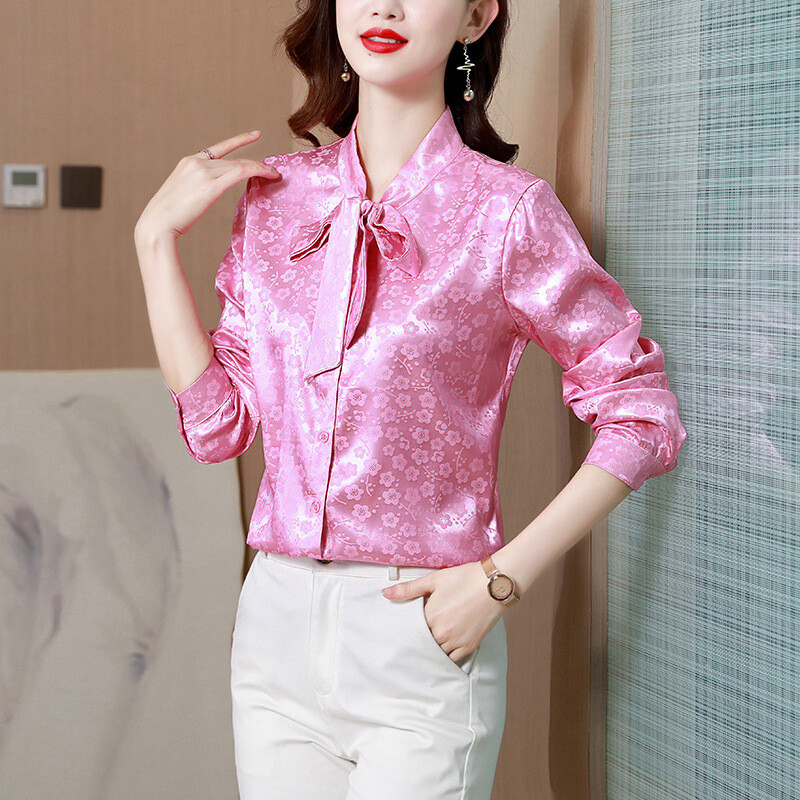 Lady Floral Satin Shirt Top Bow Tie Neck Faux Silk Business Casual Formal  Office