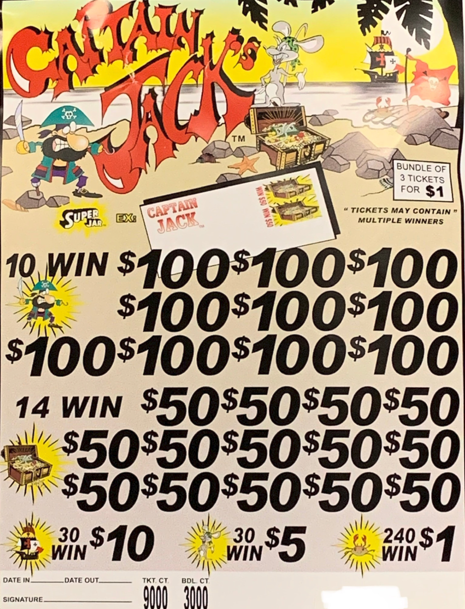 CAPTAIN JACKS 1 POINT/610P TIP JAR TICKETS 3-FOLD PAPER PULL TABS