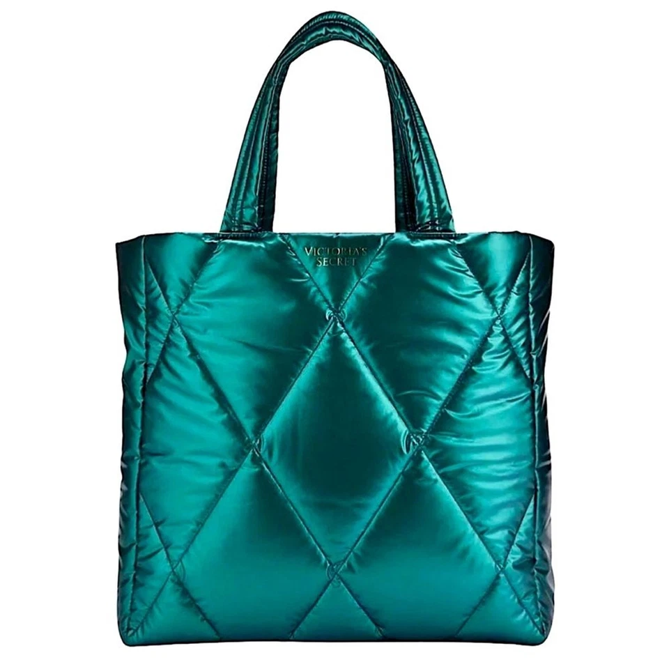 VICTORIA'S SECRET • Bolso de Mano Grande Acolchado Puffer Verde Esmeralda Metálico Puffer