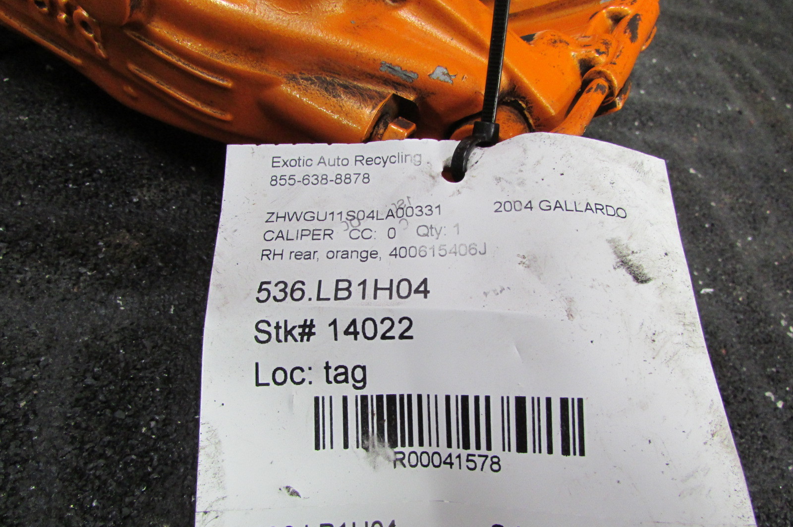Lamborghini Gallardo, RH, Right Rear Caliper, Orange, Used, P/N 400615406J