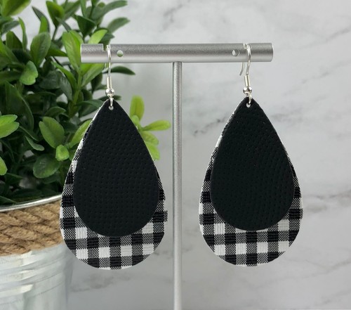 Faux Vegan Leather White Black Buffalo Plaid Teardrop Dangle Earrings Checkered - Picture 6 of 7