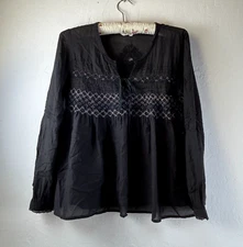 Odd Molly Top Womens Long Sleeve Embroidered Beaded Boho Blouse Small Black