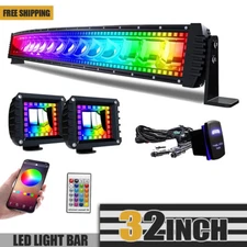 32" RGB CURVED LED LIGHT BAR COMBO Changing Chasing Strobe Flashing + Wiring