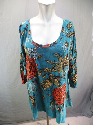 COLLECTIONS ETE Size XL Women Floral 100% Cotton Scoop Neck 3/4 Sleeve Tunic 235