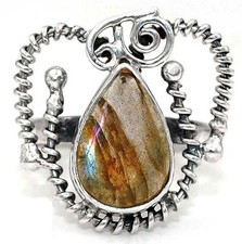 Natural Purple Fire Labradorite 925 Solid Sterling Silver Ring Sz 7.5 B9-4