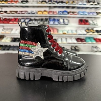 M&S Black Patent Glitter Rainbow Star Ankle Boots Kids Size 8