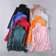 Women Mulberry Silk Shirts Turtle Neck Long Sleeve Thermal Shirt Base Layer Top