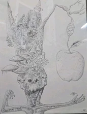 Original Art Pen Ink Surreal Fantasy Dark Fruit Mushroom Skull Tree Eyes Mystic