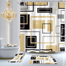 4Pcs Abstract Black and Gold Geometric Shower Curtain Set, Modern Mens Golden...