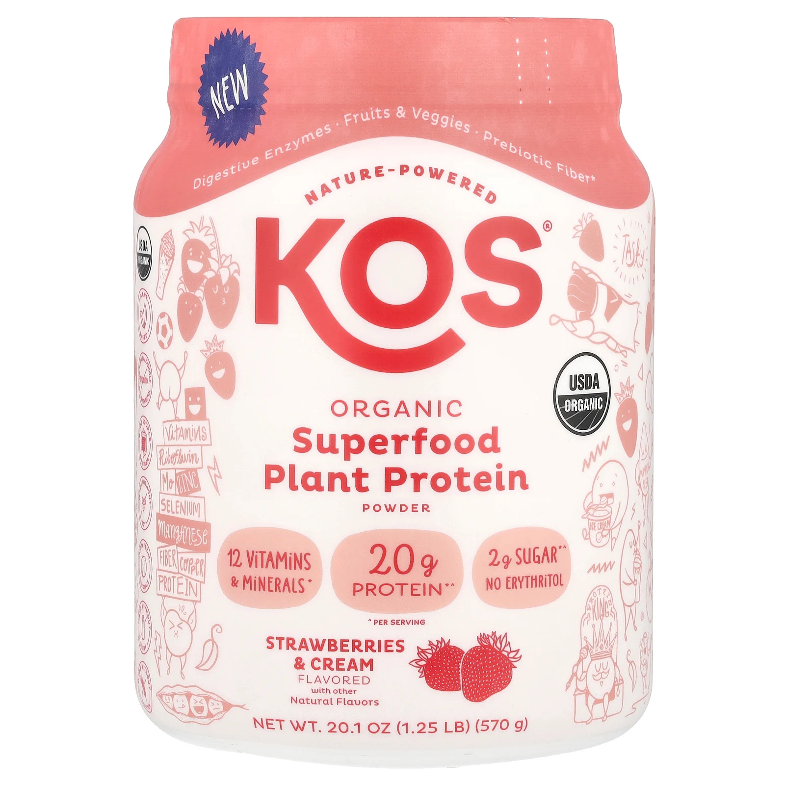 Organic Superfood Plant Protein Powder, Strawberries - Cream, 1.25 lb (570 g)