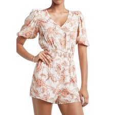 Express Ivory and Coral Paisley Printed V-Neck Puff Sleeve Romper Size Small