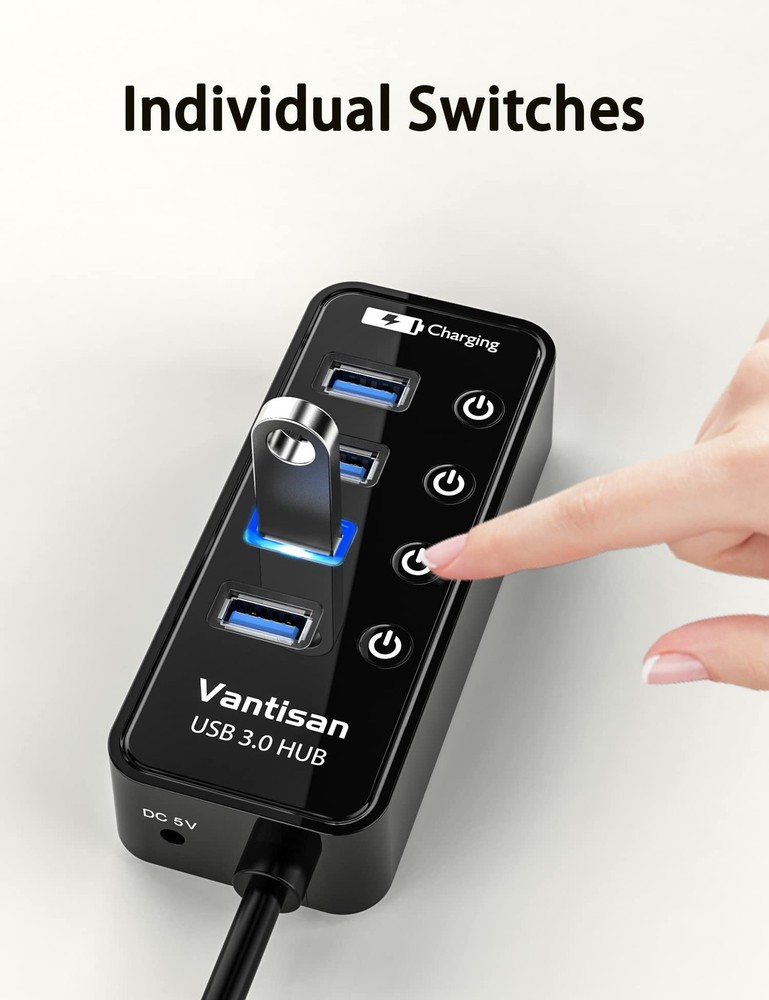 4-Port Powered USB 3.0 Hub with Data Transfer & Extension
