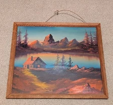 Vtg Primitive Rustic Frame With Painting Cabin Cottage Scene On Pond