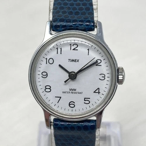 Vtg Timex Easy Reader Watch Women 25mm Silver Tone Blue Band Manual Wind Up 1988