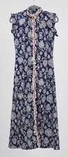 Vintage Boho Maxi Dress Navy Blue  White Floral Ruffle Lace Sm/Med Cottagecore