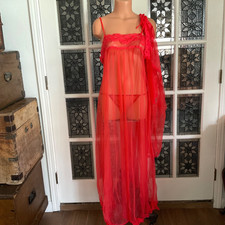 Vintage Sears Red Sheer Nylon Chiffon Nightgown Bed Jacket Panty Set Size NOS