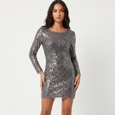 Arden B Sequin Sheer Long Sleeve Mini Dress XS Gray Night Out Party Sparkly Edgy