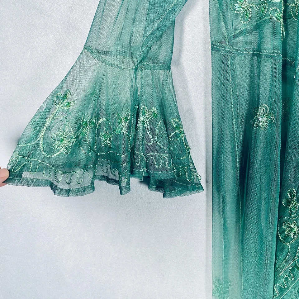 Kimono feminino feito à mão M verde renda lantejoulas gravata espanador frontal - Imagem 3 de 4