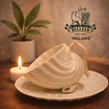 Belleek Ireland Neptune Demitasse Fine Porcelain Tea Cup & Saucer Yellow Ivory