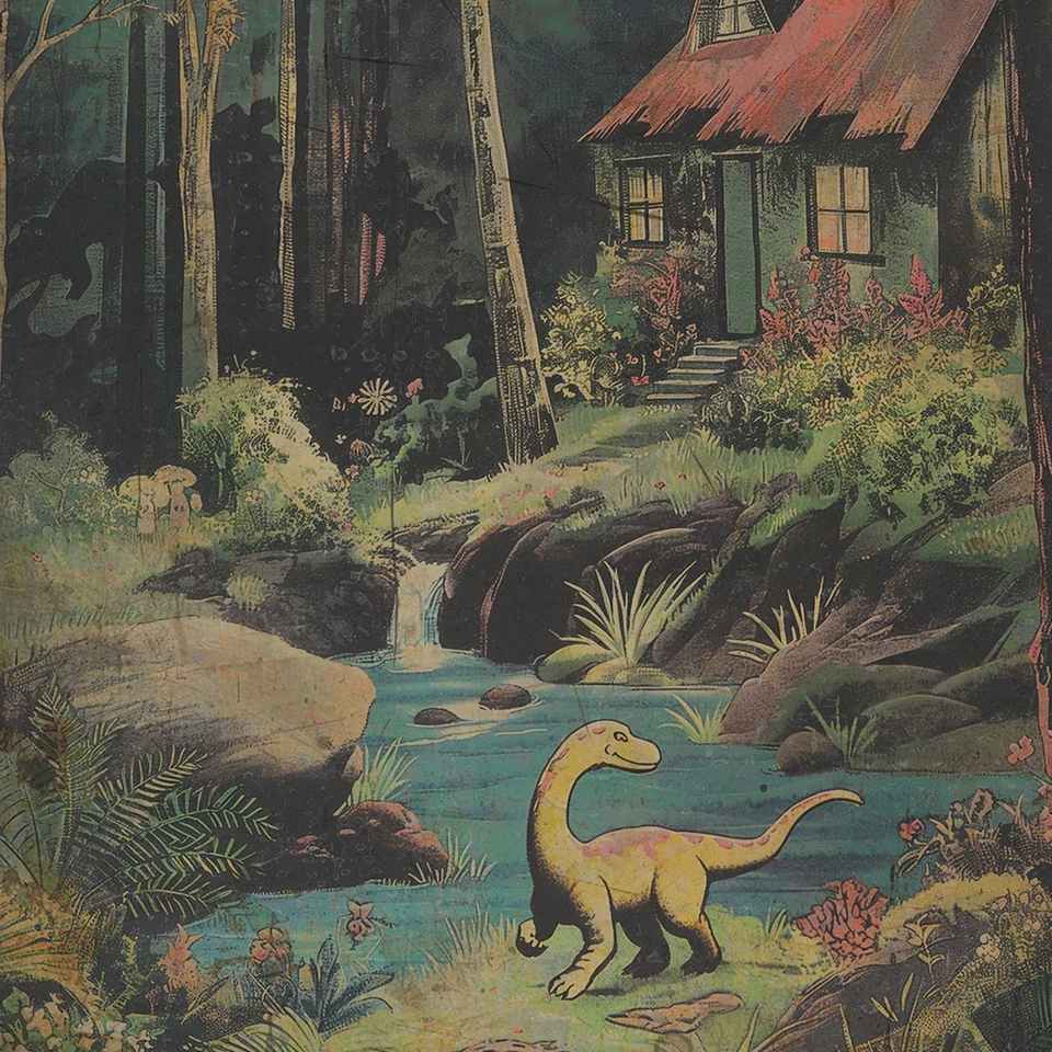 Arte de pared de cabaña de dinosaurios vintage, decoración de árbol de naturaleza jurásica, camping en el bosque de dinosaurios Foto 3 de 4