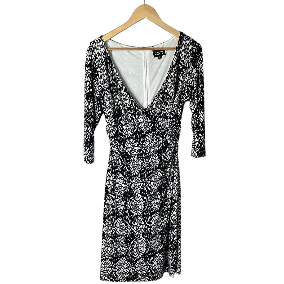 Adrianna Papell Black White Dress Size 10 V Neck Midi