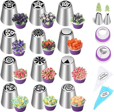 Tabiger 27 Stck. Russische Spritzspitzen Set Kuchen Dekoration Zubehör Kit einschließlich 12