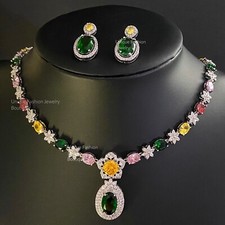 18k White Gold Plated Multicolor Gemstone Necklace Earrings Set Gorgeous