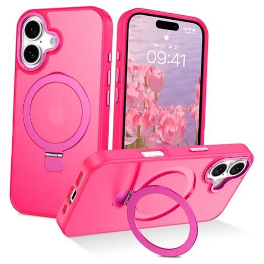 for iPhone 16 Case Magnetic with Ring Stand[Compatible with Magsafe], Hot Pink