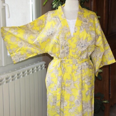 Indian Cotton Robe Long Kimono Sleepwear Yellow Floral Printed Night Suit Kimono