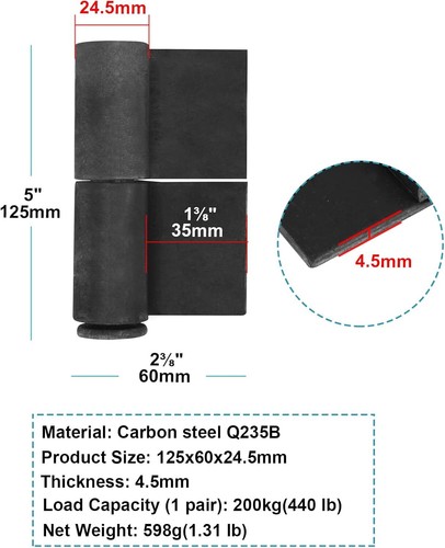 4 Pack 5 Weldable Lift Off Hinges Heavy Duty Metal Door Hinges Steel Gate Flag H - 第 2/3 張圖片