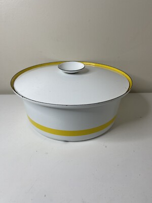 Vintage MCM Servex Sweden Enamel Covered Dish/Pot White Yellow-Striped 12.5 