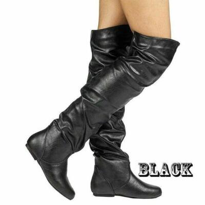 Womens Slouch Over Knee Thigh High Boots Flat Faux Leather Plus Size Party  Shoes