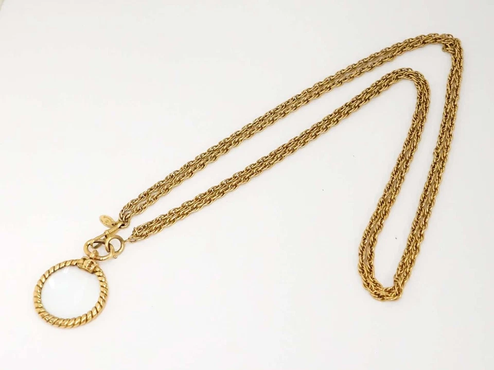 Auténtico collar de cadena doble lupa de cristal con logotipo CC de Chanel 37" tono dorado con caja Foto 3 de 4