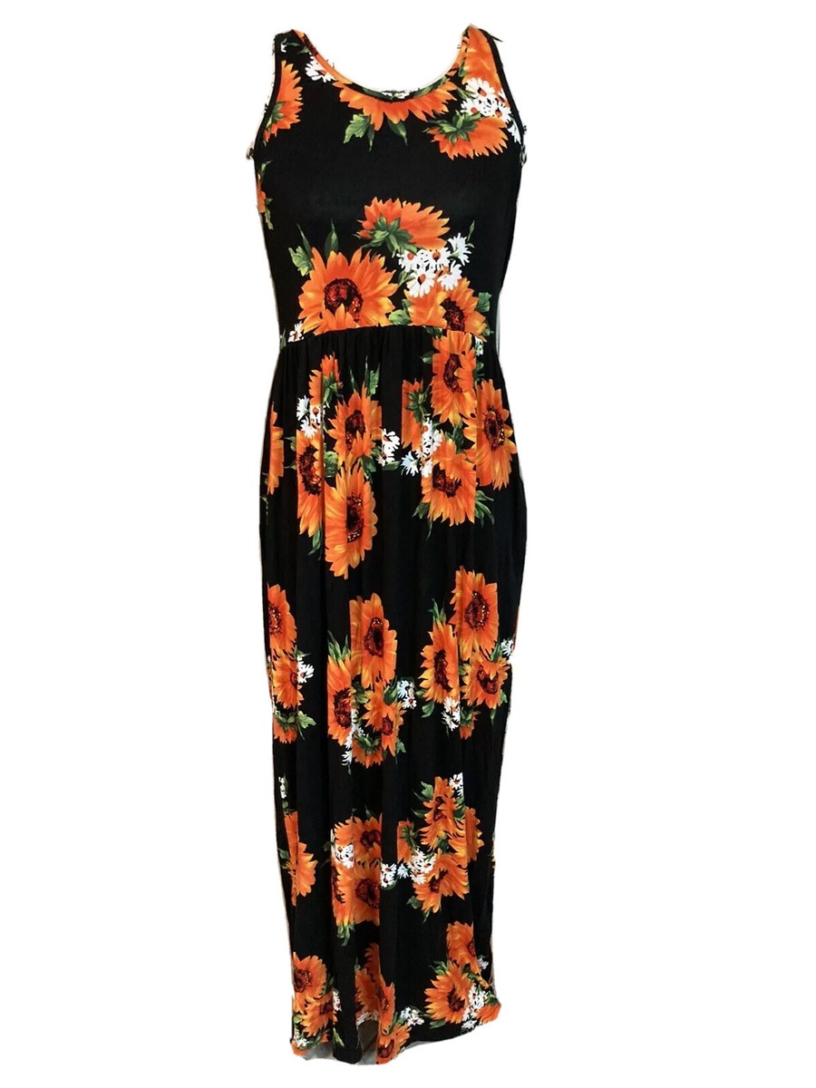 Women's Floral Black sunflower print razor back Sleeveless maxi dress Sz L  EUC | eBay