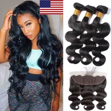 3 Bundles with Closure 7A Virgin Human Hair Extension Weave 13x4 Lace Frontal US