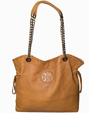 Tory Burch Tan Pebbled Whipstitch Logo Shoulder Bag Chain Strap Detachable
