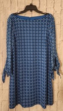 Tahari - Levine Womens Shift Dress Size 14 Blue Geometric Print Tie Slit Sleeves