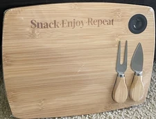 Snack. Enjoy. Repeat Bamboo Charcuterie Cheese Board with Cutlery Set 11” * 8.5”