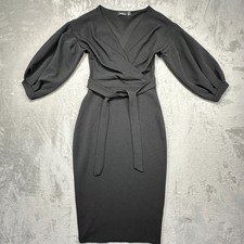 Boohoo Bodycon Midi Dress Womens 6 Black Puff Sleeve Tie Waist Surplice Neck