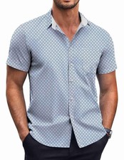 Mens Short Sleeve Button Down Shirt Polka Dot Print Wrinkle Free Casual W/Pocket
