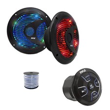 Pyle 4-CH Marine Bluetooth Controller, 2x 6.5'' 150W LED Speakers Black ,Wire